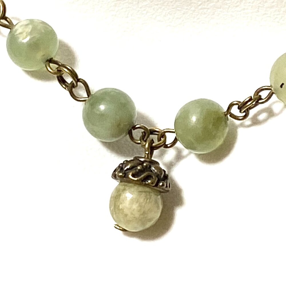 Natural Mint Green Serpentine Necklace, Cute Bronze Acorn + Genuine Gemstone